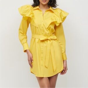 Ruffle Belted Button-Front Long Sleeve Mini Shirtdress in Yellow